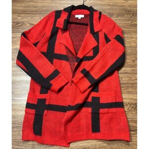 New Directions Cardigan Womens M Red Black Open Front Duster Sweater Knit Pocket